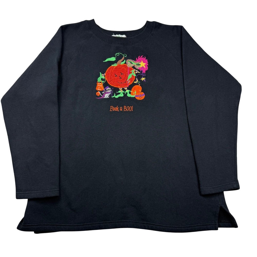 Quacker Factory Halloween Peek a BOO Pumpkin Cat Sweatshirt Black Medium